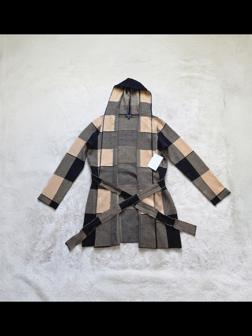 Calligraphie Block Check Knit Cardigan in Tan & Black